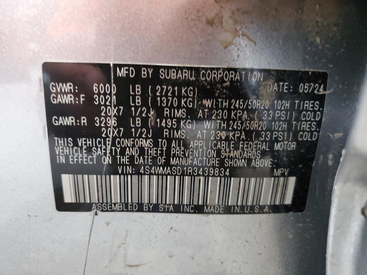 2024 Subaru Ascent Limited VIN: 4S4WMASD1R3439834 Lot: 85566595