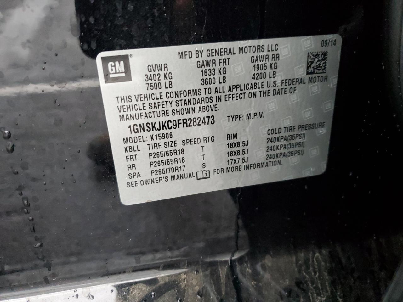 2015 Chevrolet Suburban K1500 Lt VIN: 1GNSKJKC9FR282473 Lot: 86530615