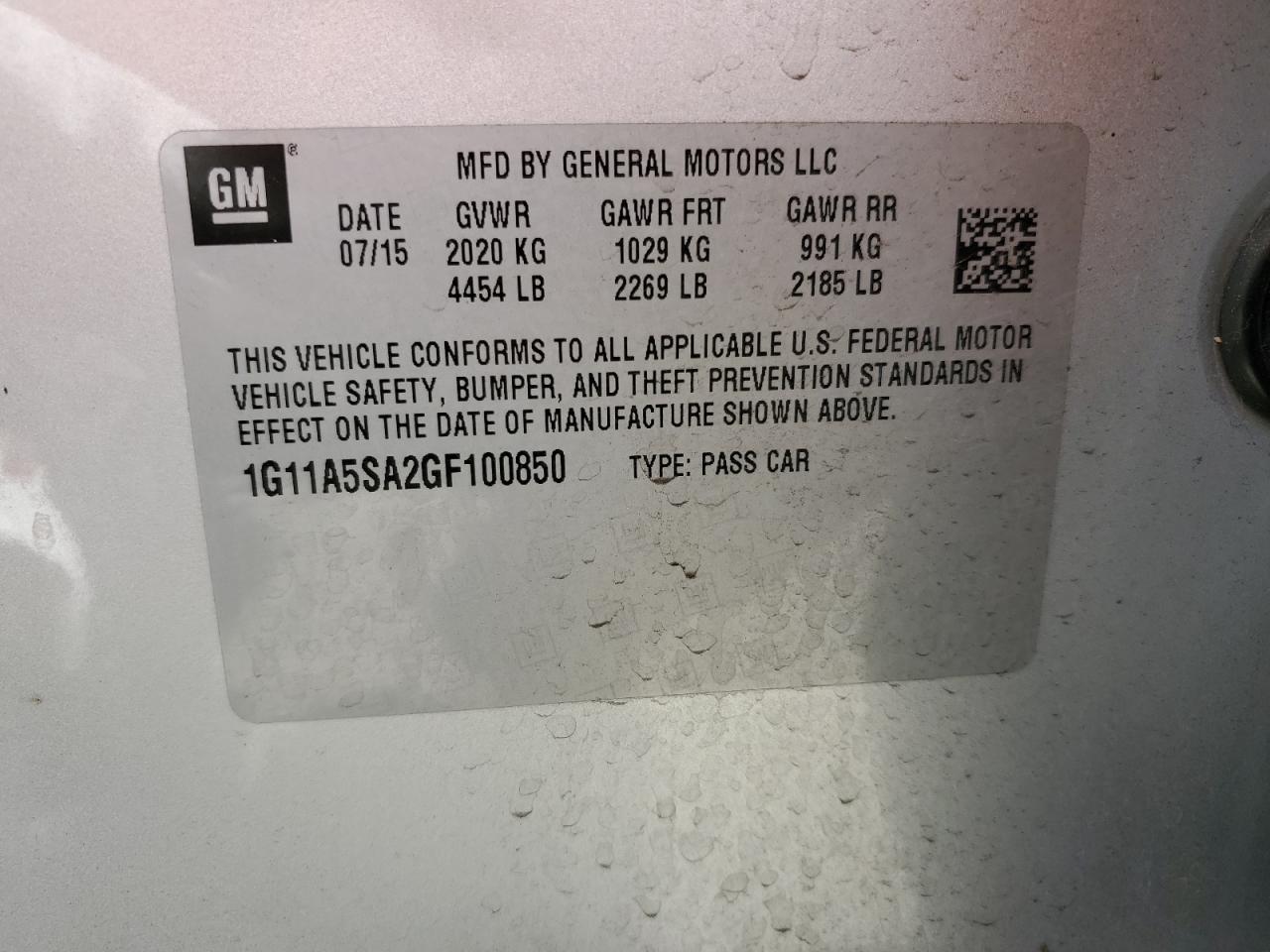 2016 Chevrolet Malibu Limited Ls VIN: 1G11A5SA2GF100850 Lot: 85890795