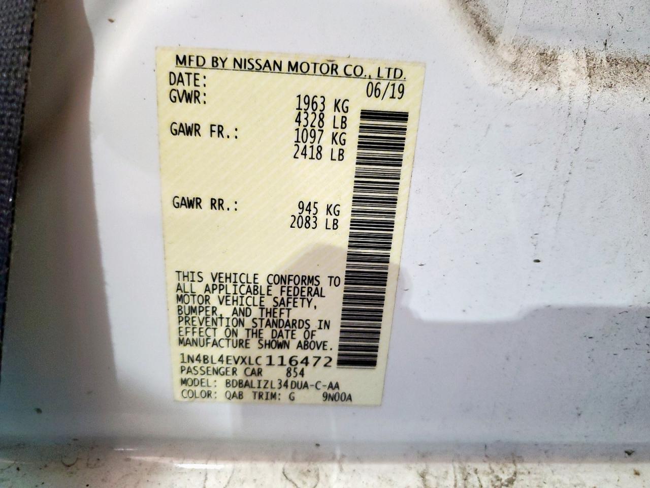 2020 Nissan Altima Sl VIN: 1N4BL4EVXLC116472 Lot: 85164585