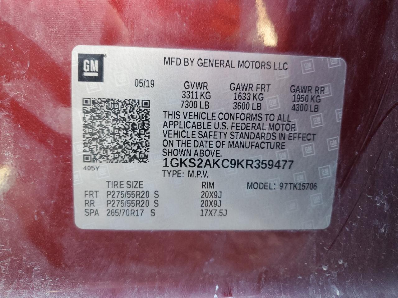 2019 GMC Yukon Sle VIN: 1GKS2AKC9KR359477 Lot: 83837605