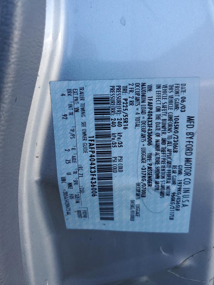 2003 Ford Mustang VIN: 1FAFP404X3F436006 Lot: 89508565