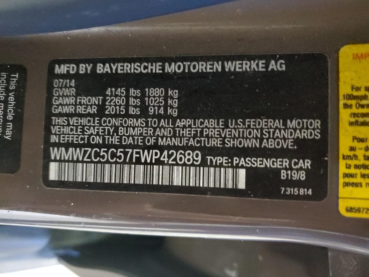 2015 Mini Cooper S Countryman VIN: WMWZC5C57FWP42689 Lot: 89688065