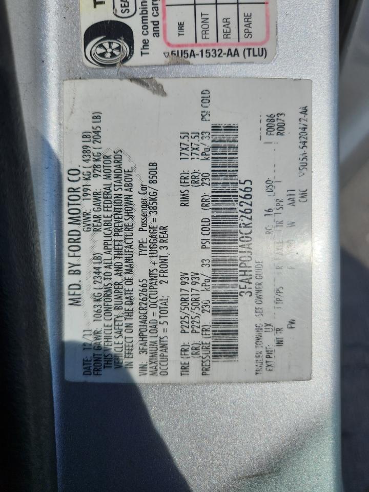 2012 Ford Fusion Sel VIN: 3FAHP0JA0CR262665 Lot: 87196295