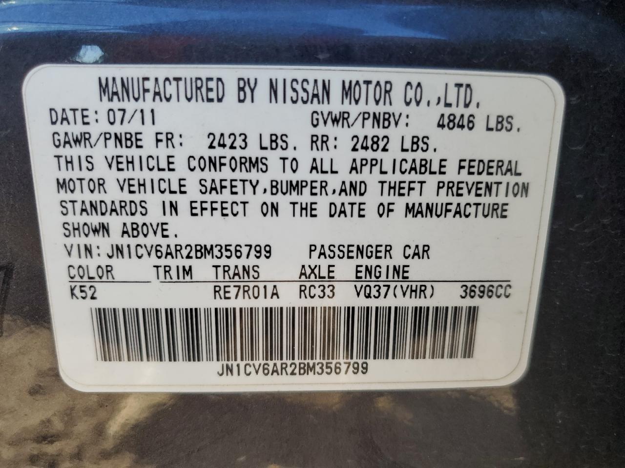 2011 Infiniti G37 VIN: JN1CV6AR2BM356799 Lot: 89554625