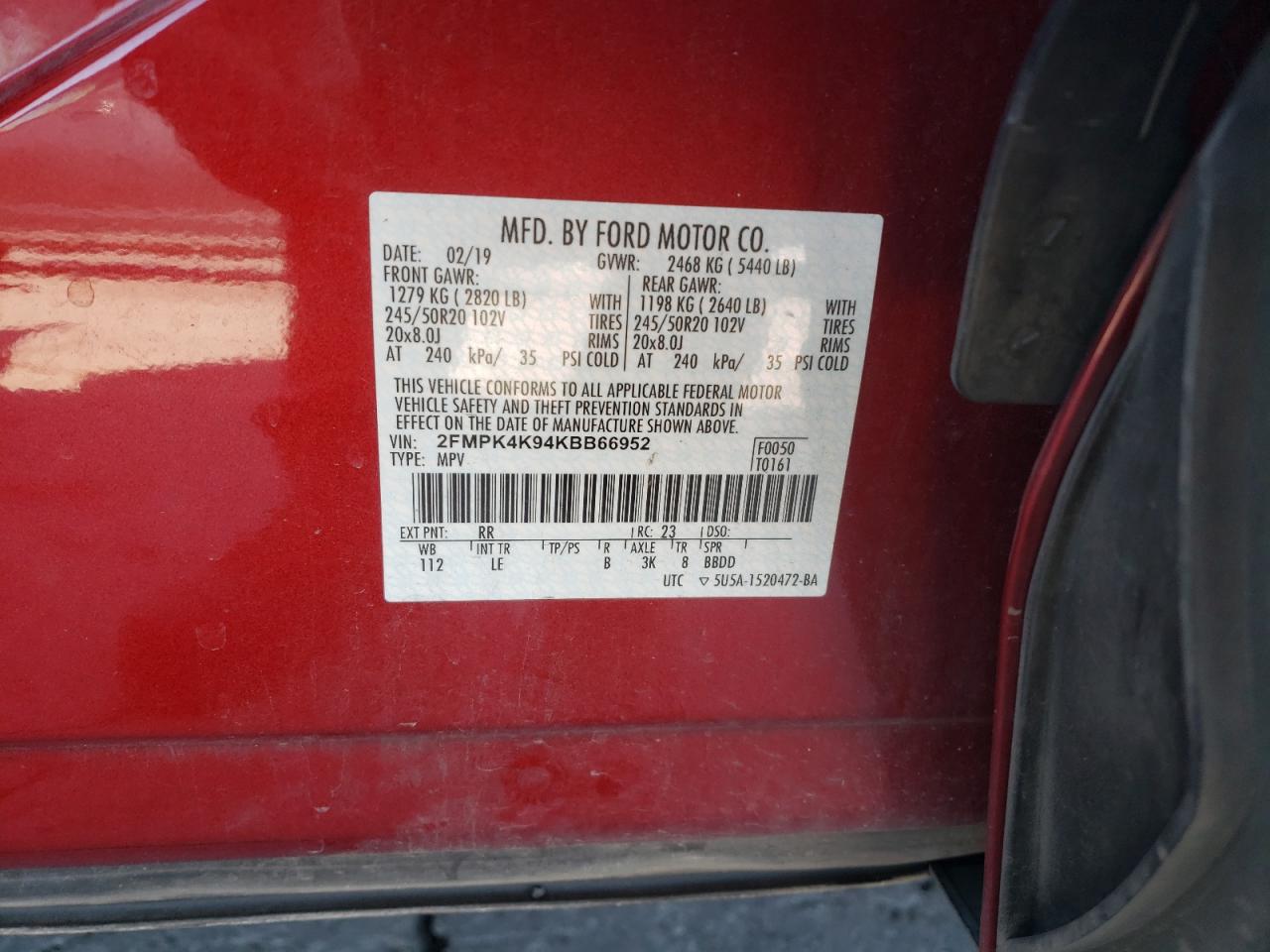 2019 Ford Edge Titanium VIN: 2FMPK4K94KBB66952 Lot: 86109455