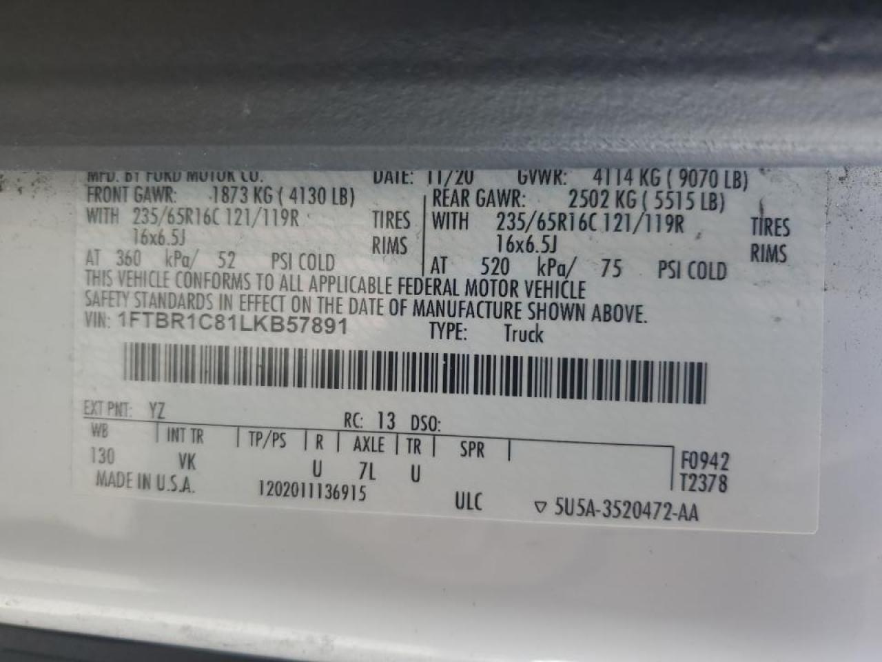 2020 Ford Transit 250 Delivery Van VIN: 1FTBR1C81LKB57891 Lot: 86192495