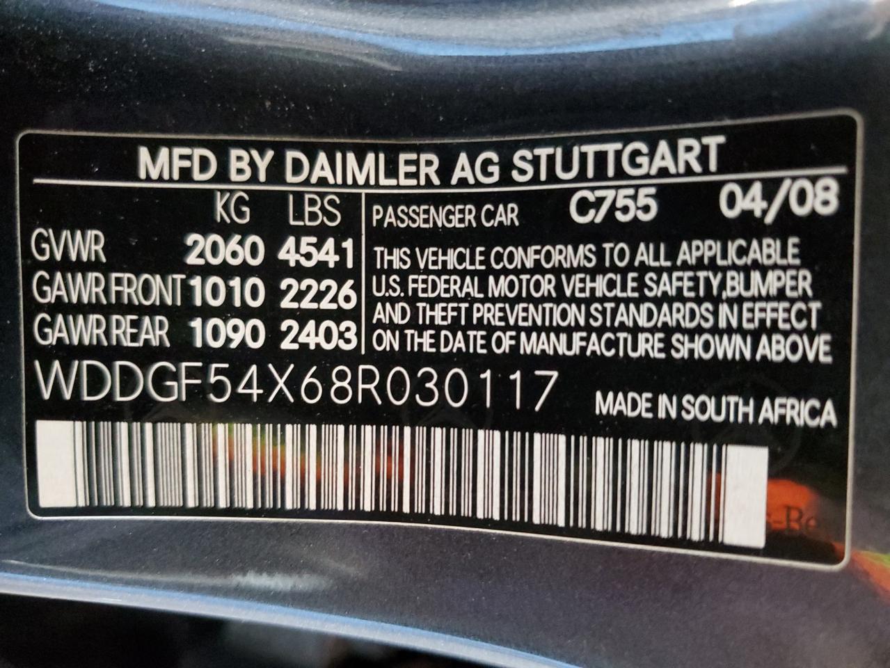 2008 Mercedes-Benz C 300 VIN: WDDGF54X68R030117 Lot: 89888845