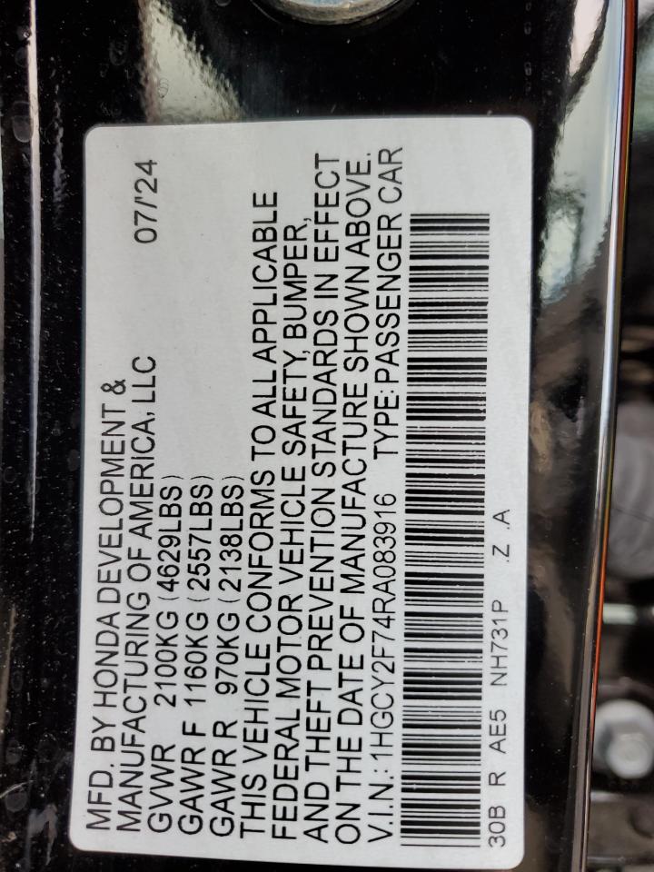 2024 Honda Accord Hybrid Sport-L VIN: 1HGCY2F74RA083916 Lot: 81959025