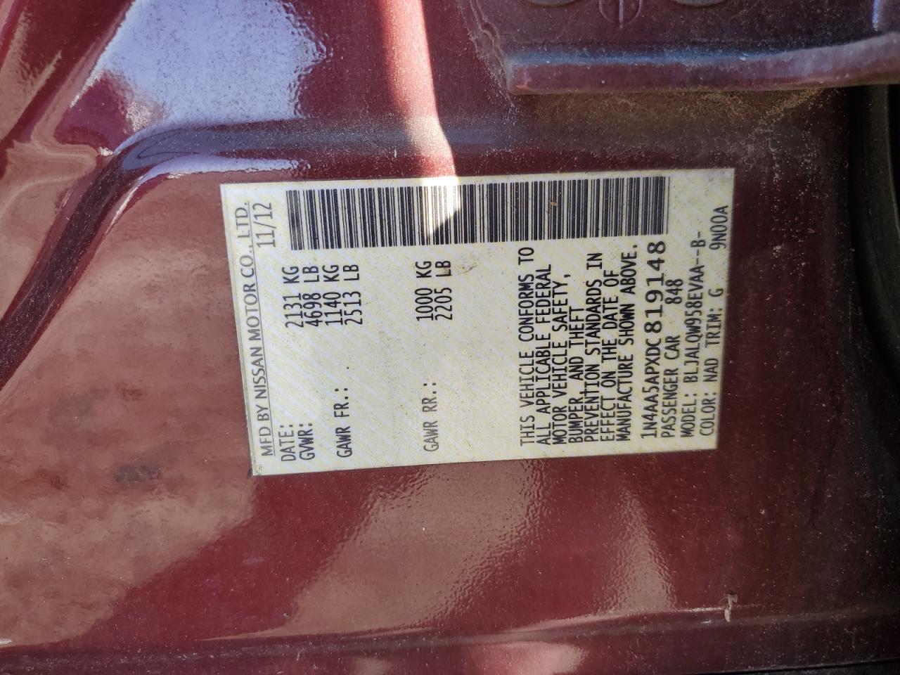 2013 Nissan Maxima S VIN: 1N4AA5APXDC819148 Lot: 82605395