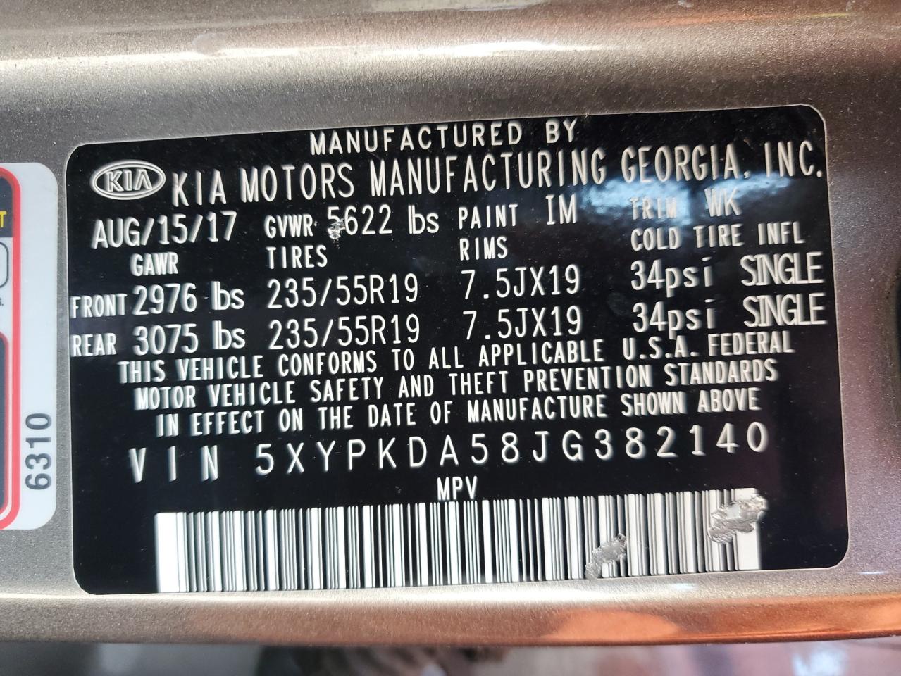 2018 Kia Sorento Sx VIN: 5XYPKDA58JG382140 Lot: 85121325