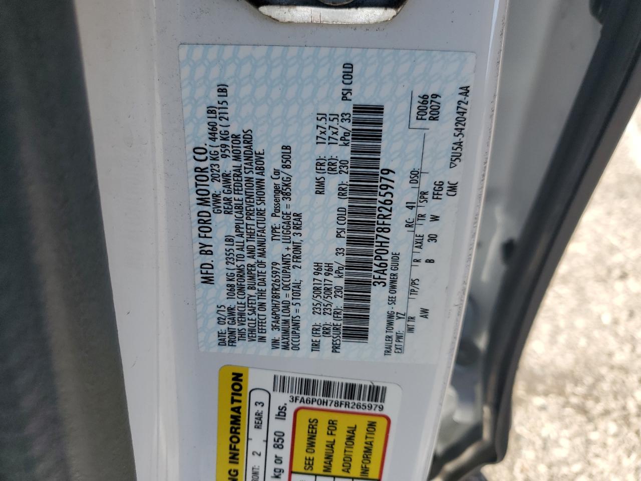 2015 Ford Fusion Se VIN: 3FA6P0H78FR265979 Lot: 82193975