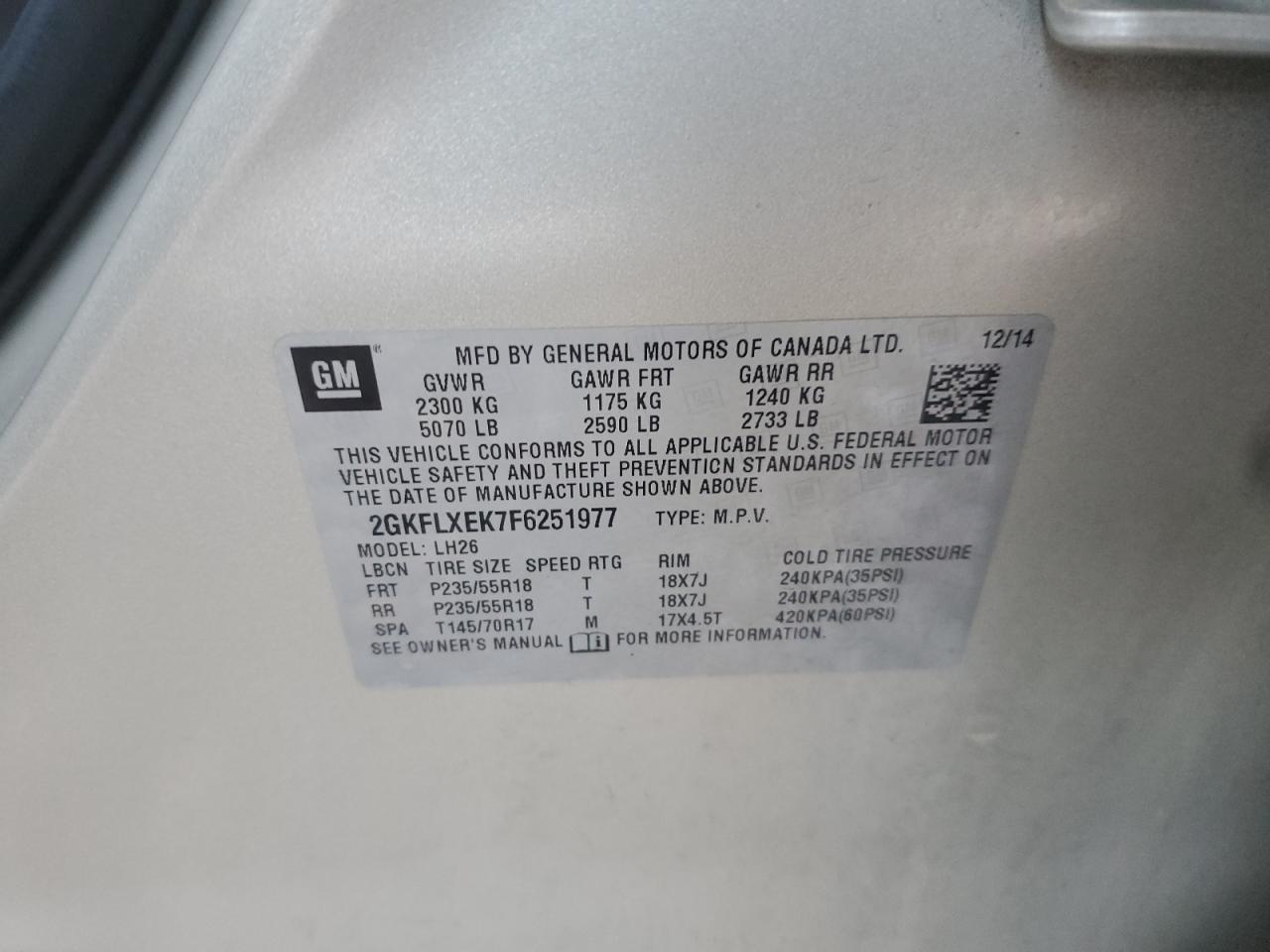 2015 GMC Terrain Slt VIN: 2GKFLXEK7F6251977 Lot: 90288425