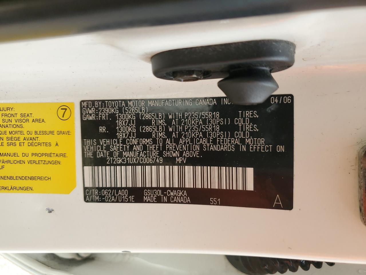 2007 Lexus Rx 350 VIN: 2T2GK31UX7C006749 Lot: 84831485