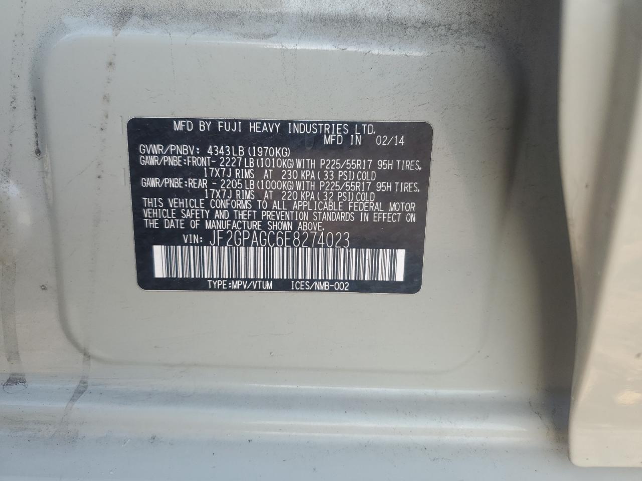 2014 Subaru Xv Crosstrek 2.0 Limited VIN: JF2GPAGC6E8274023 Lot: 85085285