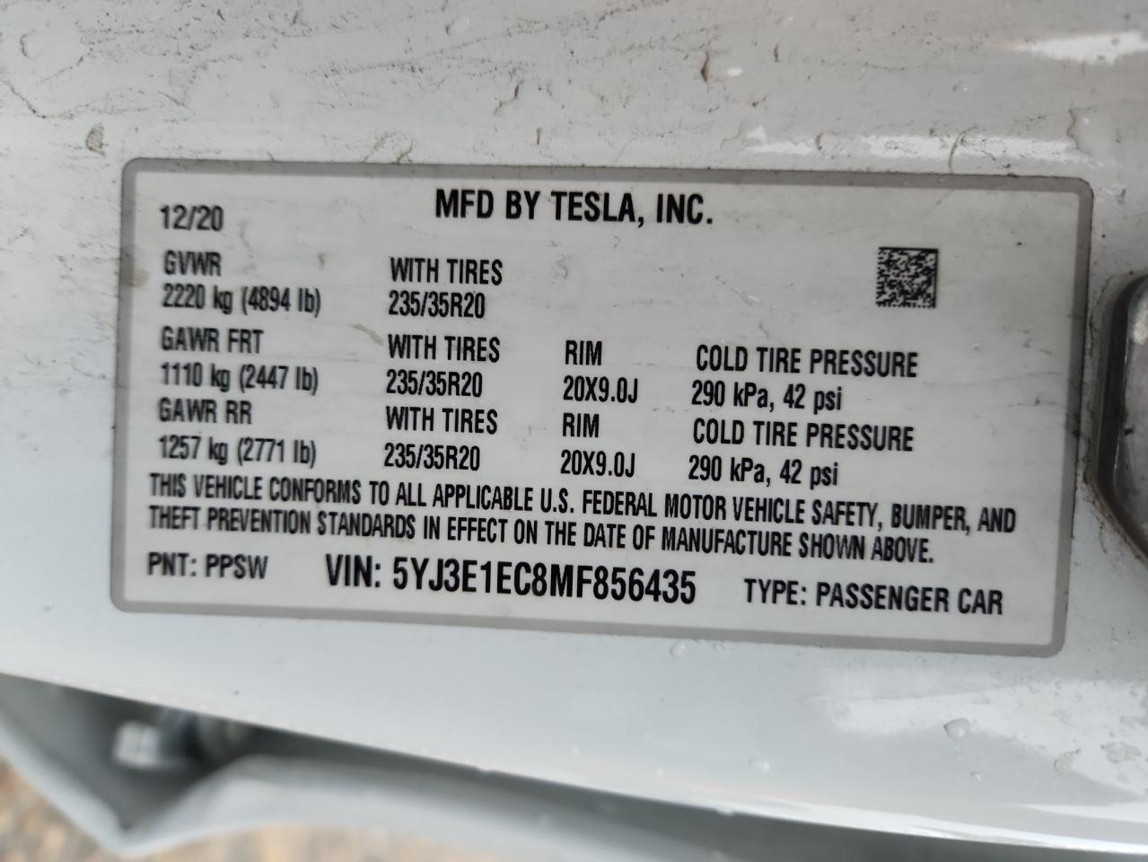 2021 Tesla Model 3 VIN: 5YJ3E1EC8MF856435 Lot: 82777165