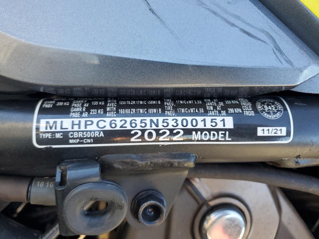 2022 Honda Cbr500 Ra VIN: MLHPC6265N5300151 Lot: 85092055