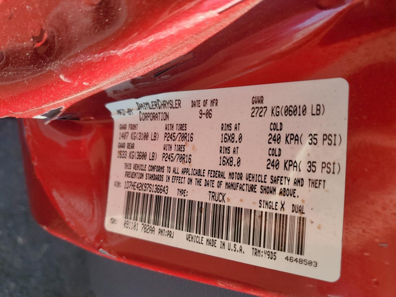 2007 Dodge Dakota Slt VIN: 1D7HE42K97S136643 Lot: 85575805