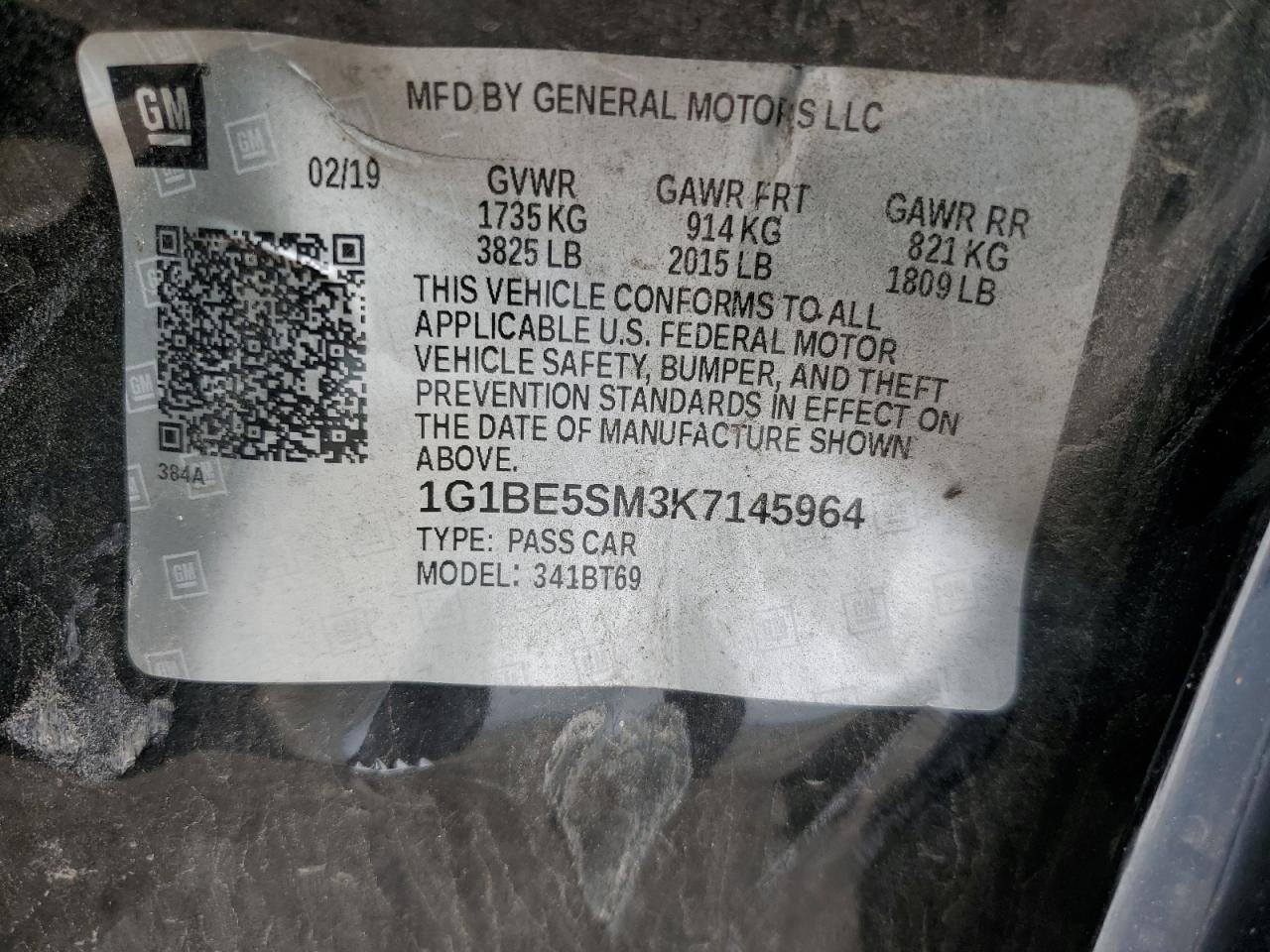 2019 Chevrolet Cruze Lt VIN: 1G1BE5SM3K7145964 Lot: 82323525