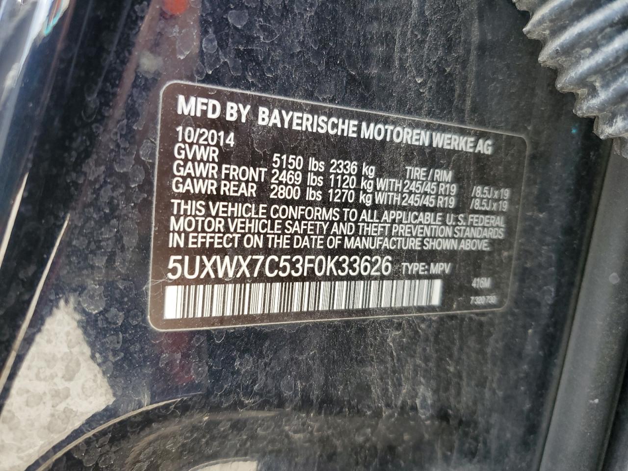 2015 BMW X3 xDrive35I VIN: 5UXWX7C53F0K33626 Lot: 82353105