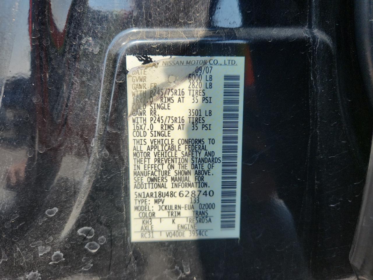 2008 Nissan Pathfinder S VIN: 5N1AR18U48C628740 Lot: 87201385