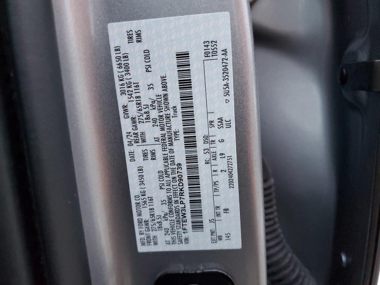 2024 Ford F150 Xlt VIN: 1FTEW3LP7RKD90739 Lot: 90475785