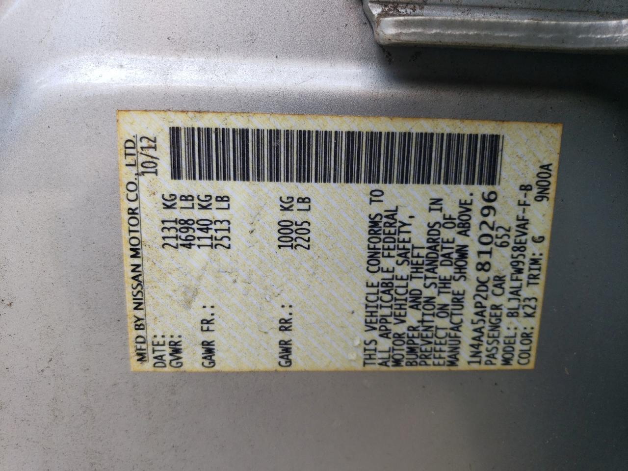 2013 Nissan Maxima S VIN: 1N4AA5AP2DC810296 Lot: 86299365