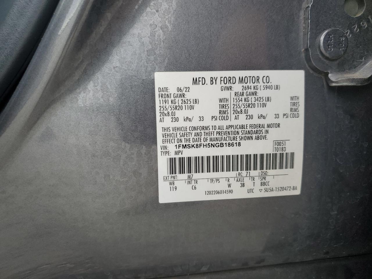 2022 Ford Explorer Limited VIN: 1FMSK8FH5NGB18618 Lot: 84419445