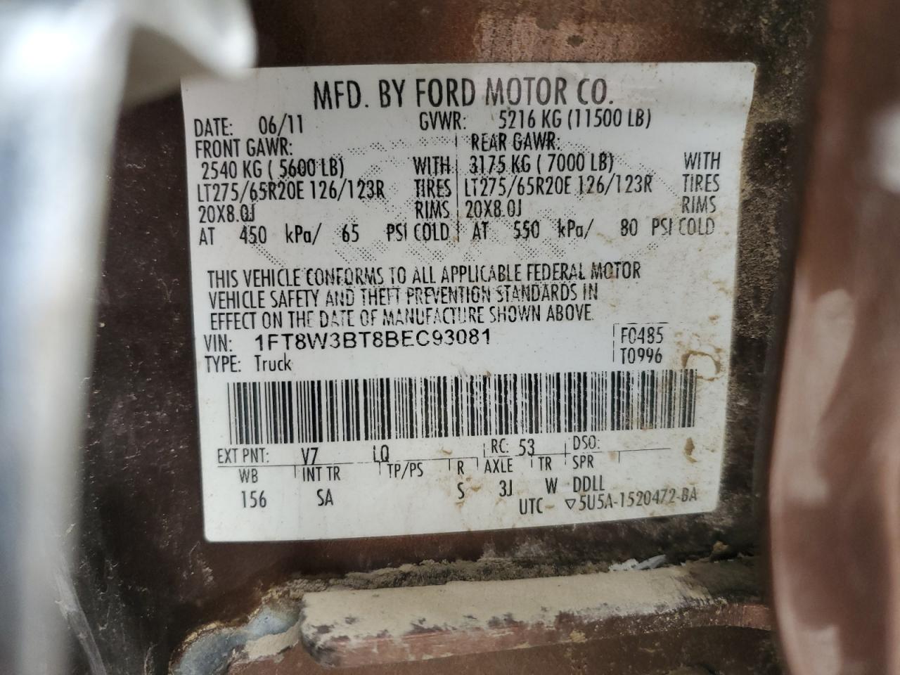 2011 Ford F350 Super Duty VIN: 1FT8W3BT8BEC93081 Lot: 82781215