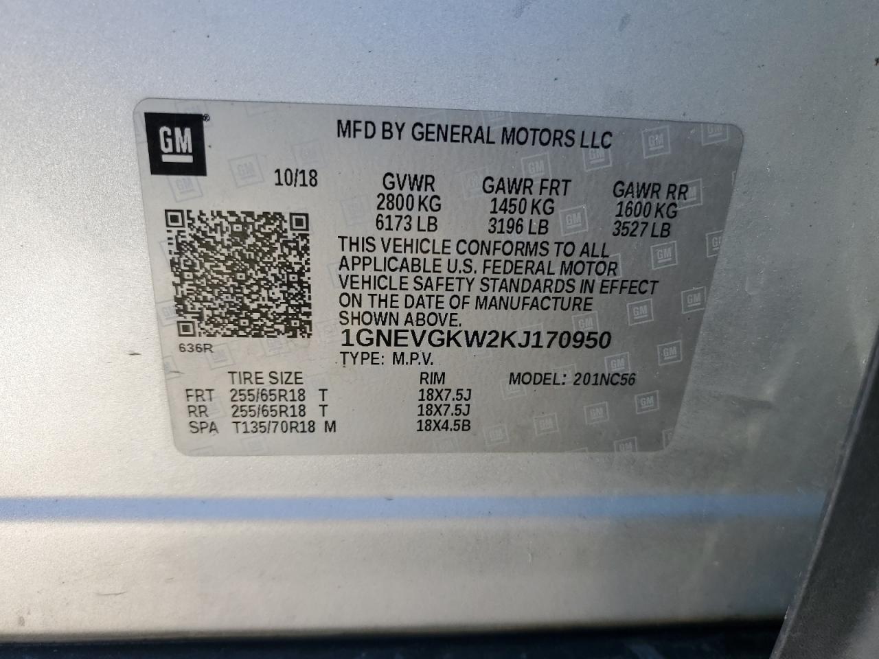 2019 Chevrolet Traverse Lt VIN: 1GNEVGKW2KJ170950 Lot: 85668525