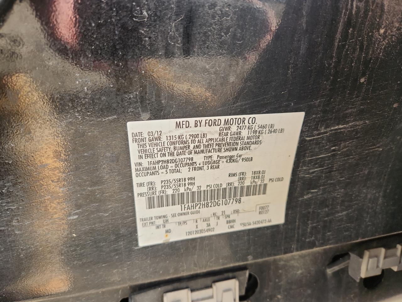 2013 Ford Taurus Sel VIN: 1FAHP2H82DG107798 Lot: 82734825