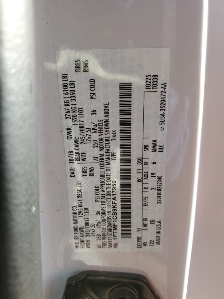 2019 Ford F150 VIN: 1FTMF1CB9KFA17950 Lot: 85344365