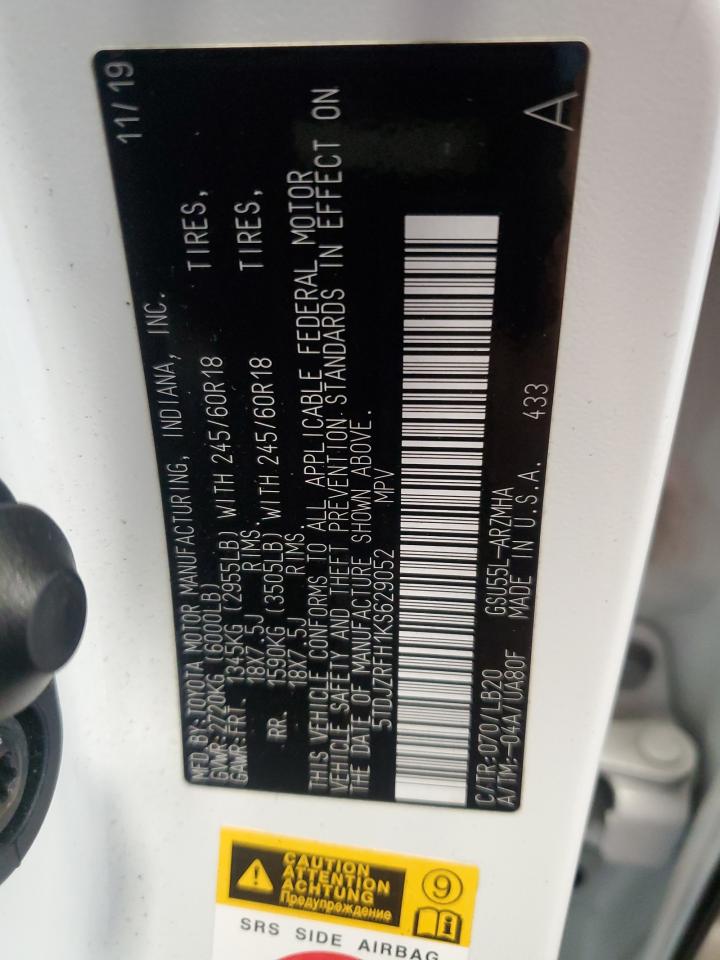 2019 Toyota Highlander Se VIN: 5TDJZRFH1KS629052 Lot: 86288315