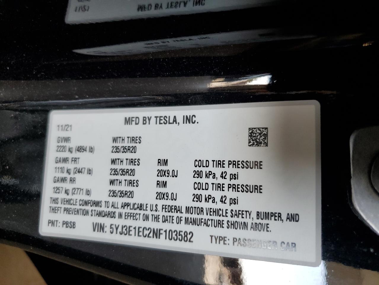 2022 Tesla Model 3 VIN: 5YJ3E1EC2NF103582 Lot: 81871755