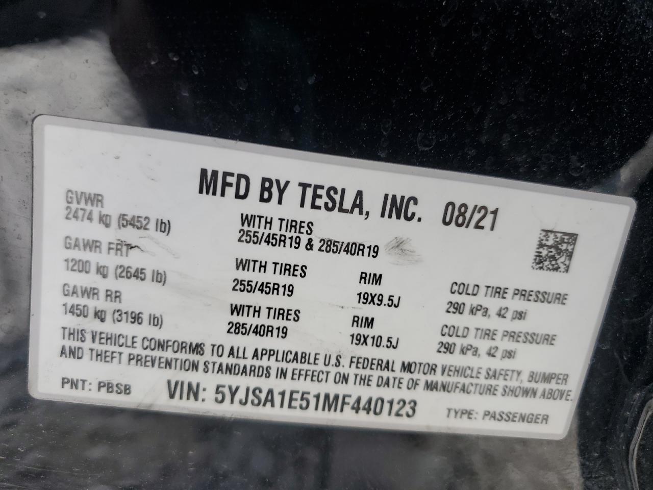 2021 Tesla Model S VIN: 5YJSA1E51MF440123 Lot: 84068105