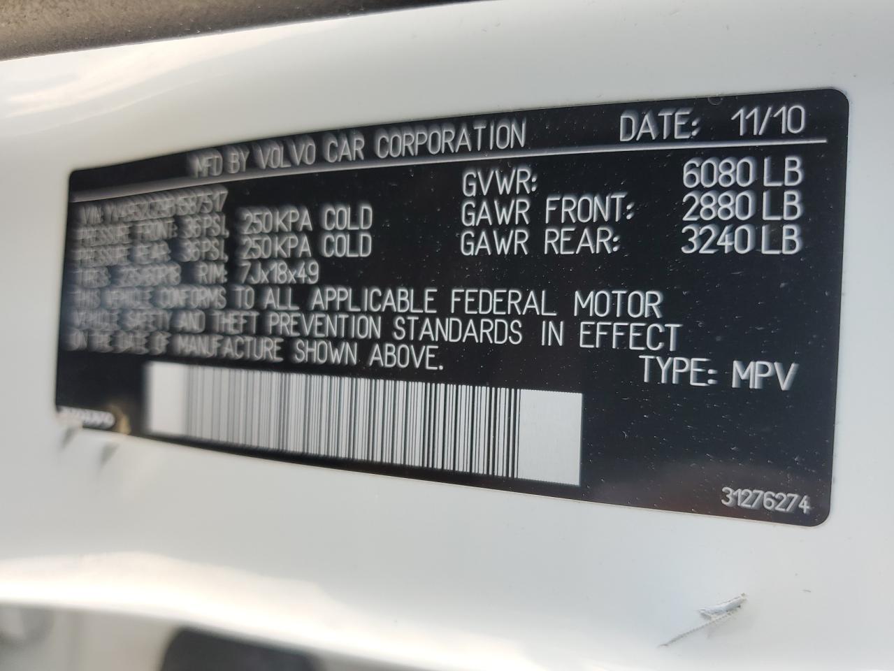 2011 Volvo Xc90 3.2 VIN: YV4952CZ9B1587517 Lot: 85715605