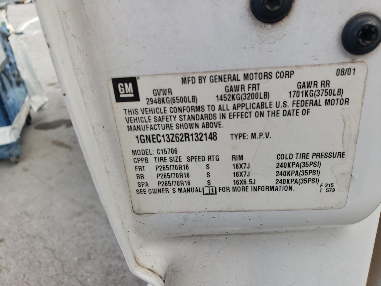 2002 Chevrolet Tahoe C1500 VIN: 1GNEC13Z62R132148 Lot: 82626255