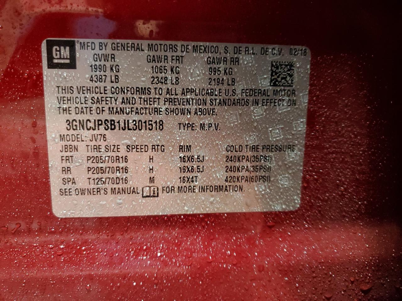 2018 Chevrolet Trax 1Lt VIN: 3GNCJPSB1JL301518 Lot: 89456045