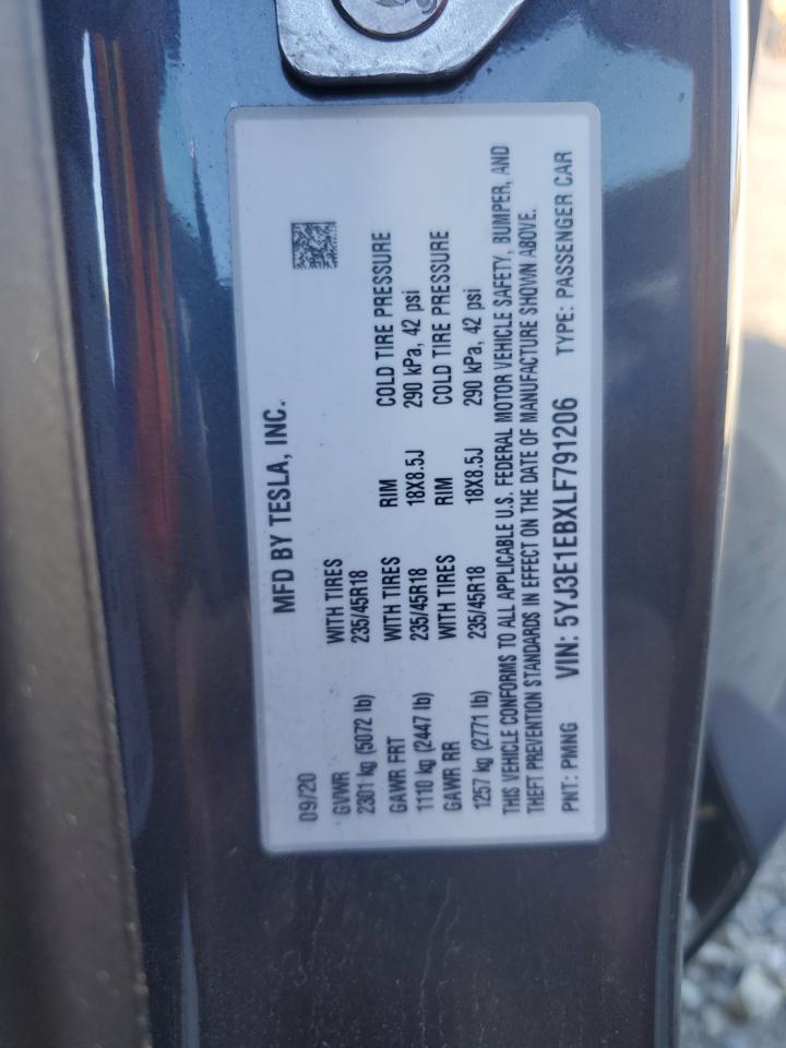 2020 Tesla Model 3 VIN: 5YJ3E1EBXLF791206 Lot: 82485665