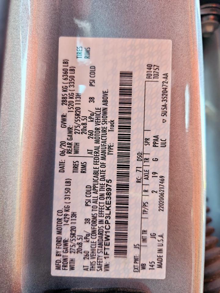 2020 Ford F150 Supercrew VIN: 1FTEW1CP3LKE38975 Lot: 85597385