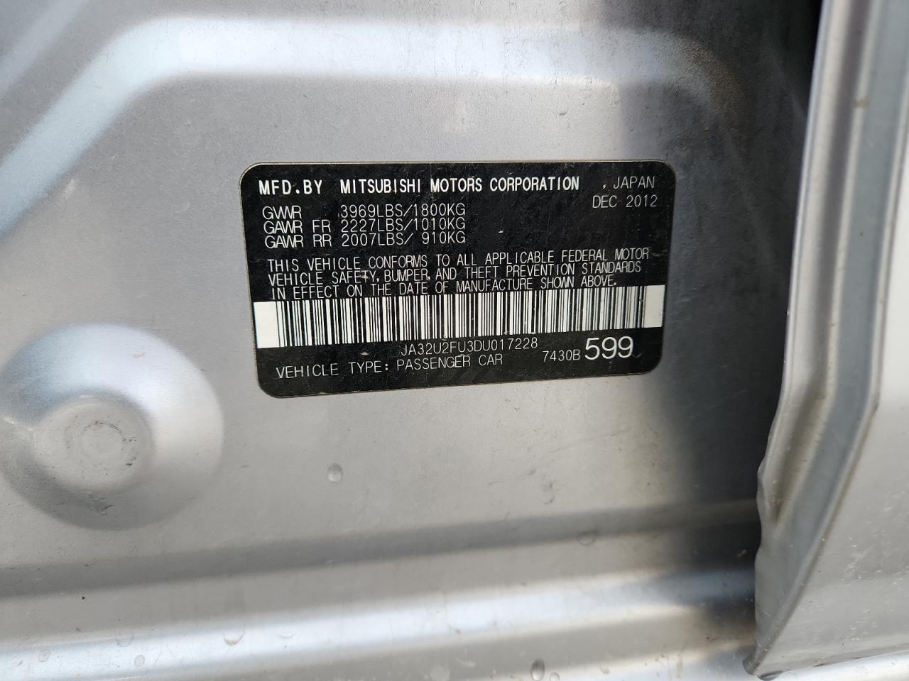 2013 Mitsubishi Lancer Es/Es Sport VIN: JA32U2FU3DU017228 Lot: 85743865