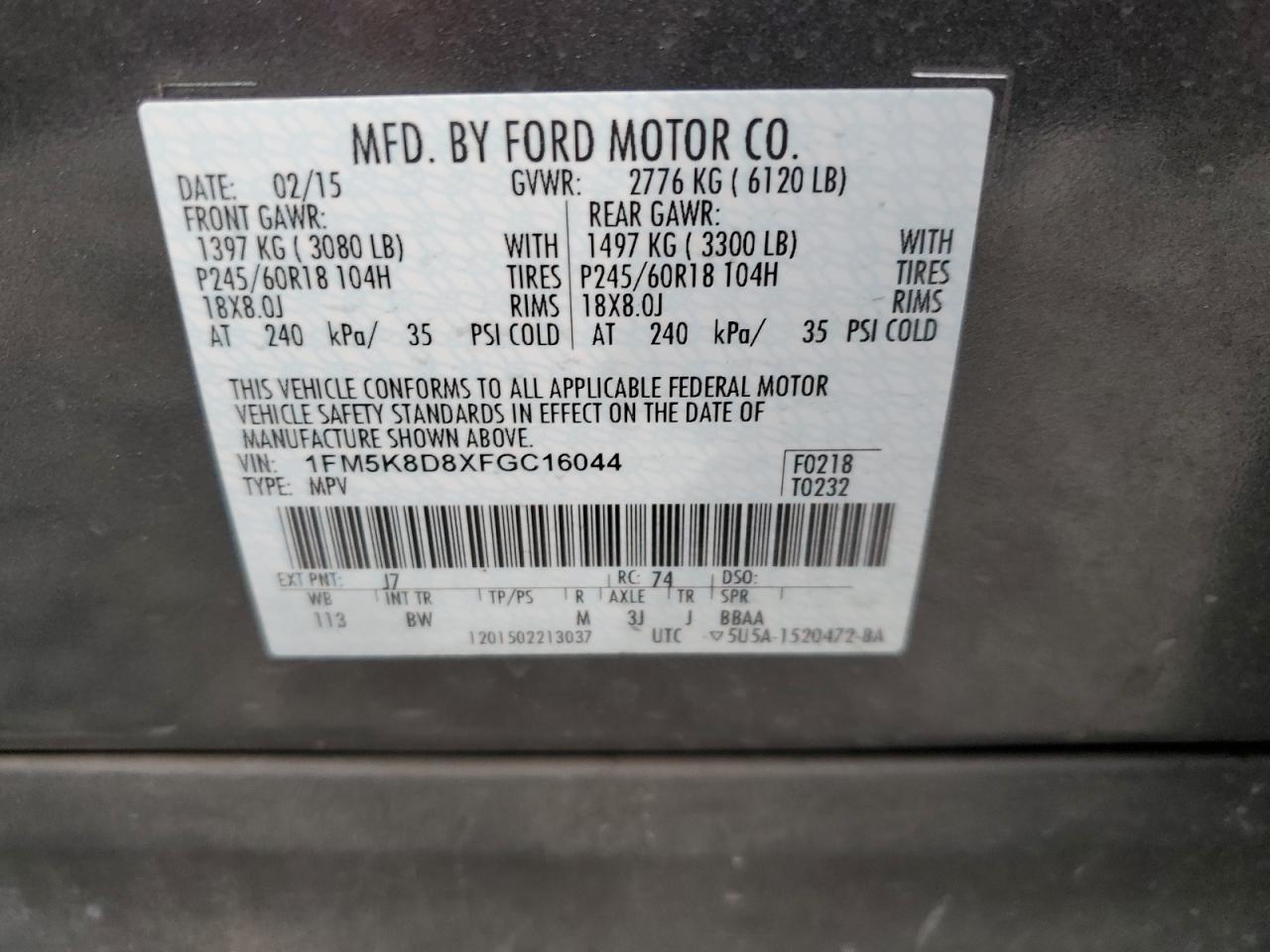 2015 Ford Explorer Xlt VIN: 1FM5K8D8XFGC16044 Lot: 86090065