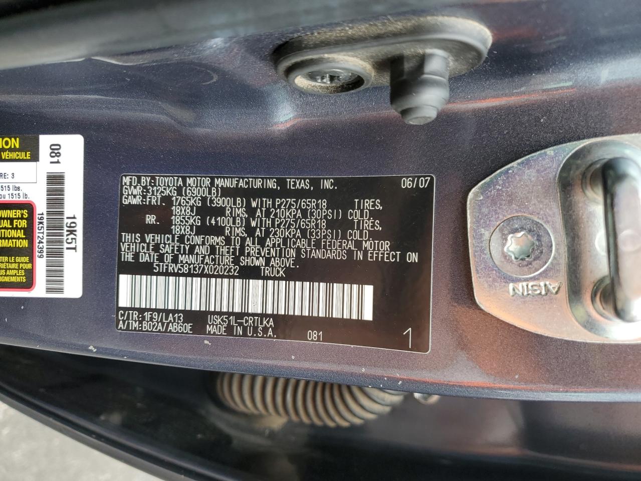 2007 Toyota Tundra Double Cab Limited VIN: 5TFRV58137X020232 Lot: 86535285