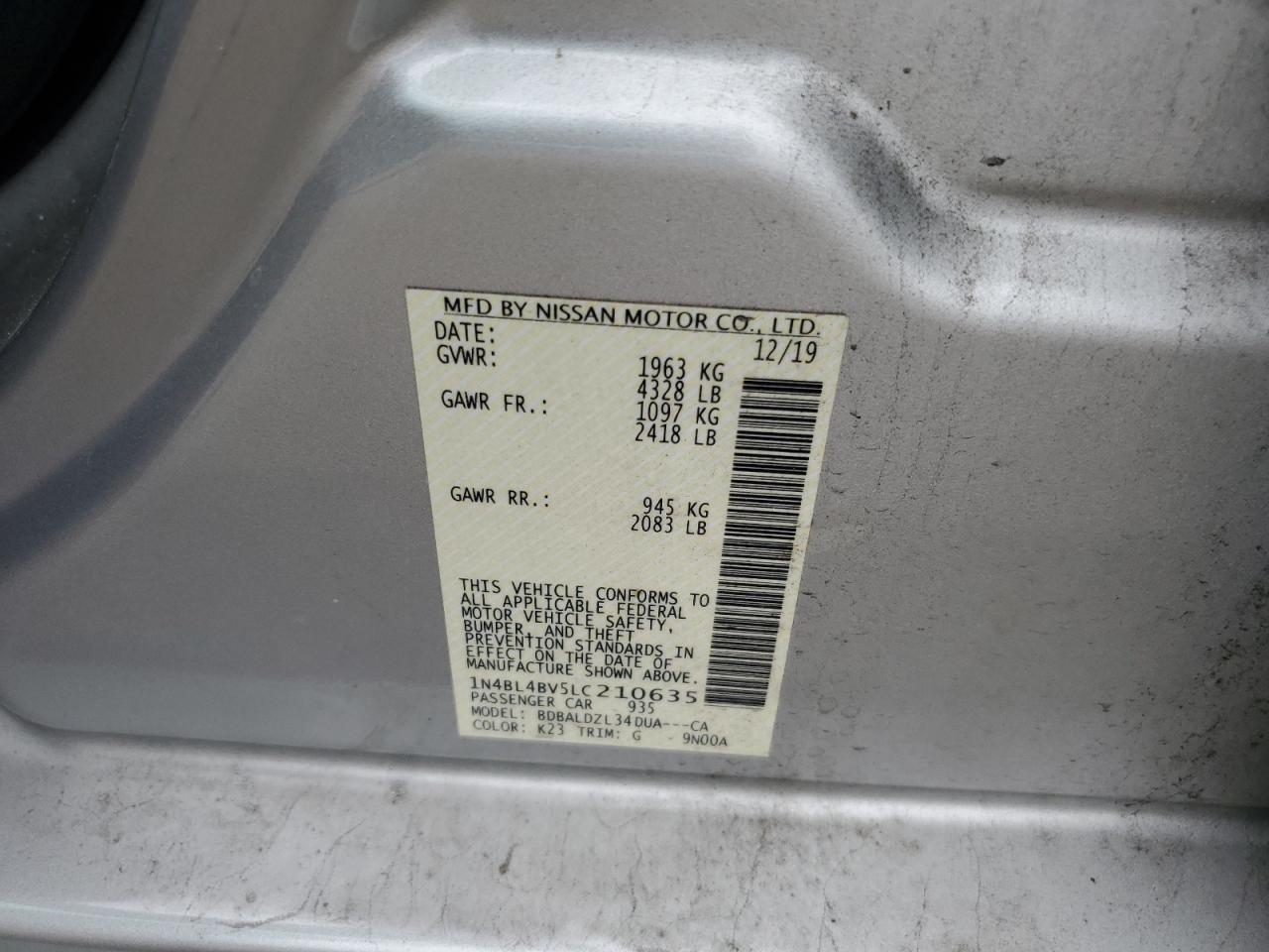 2020 Nissan Altima S VIN: 1N4BL4BV5LC210635 Lot: 85496015