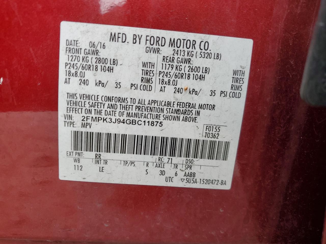 2016 Ford Edge Sel VIN: 2FMPK3J94GBC11875 Lot: 85539465