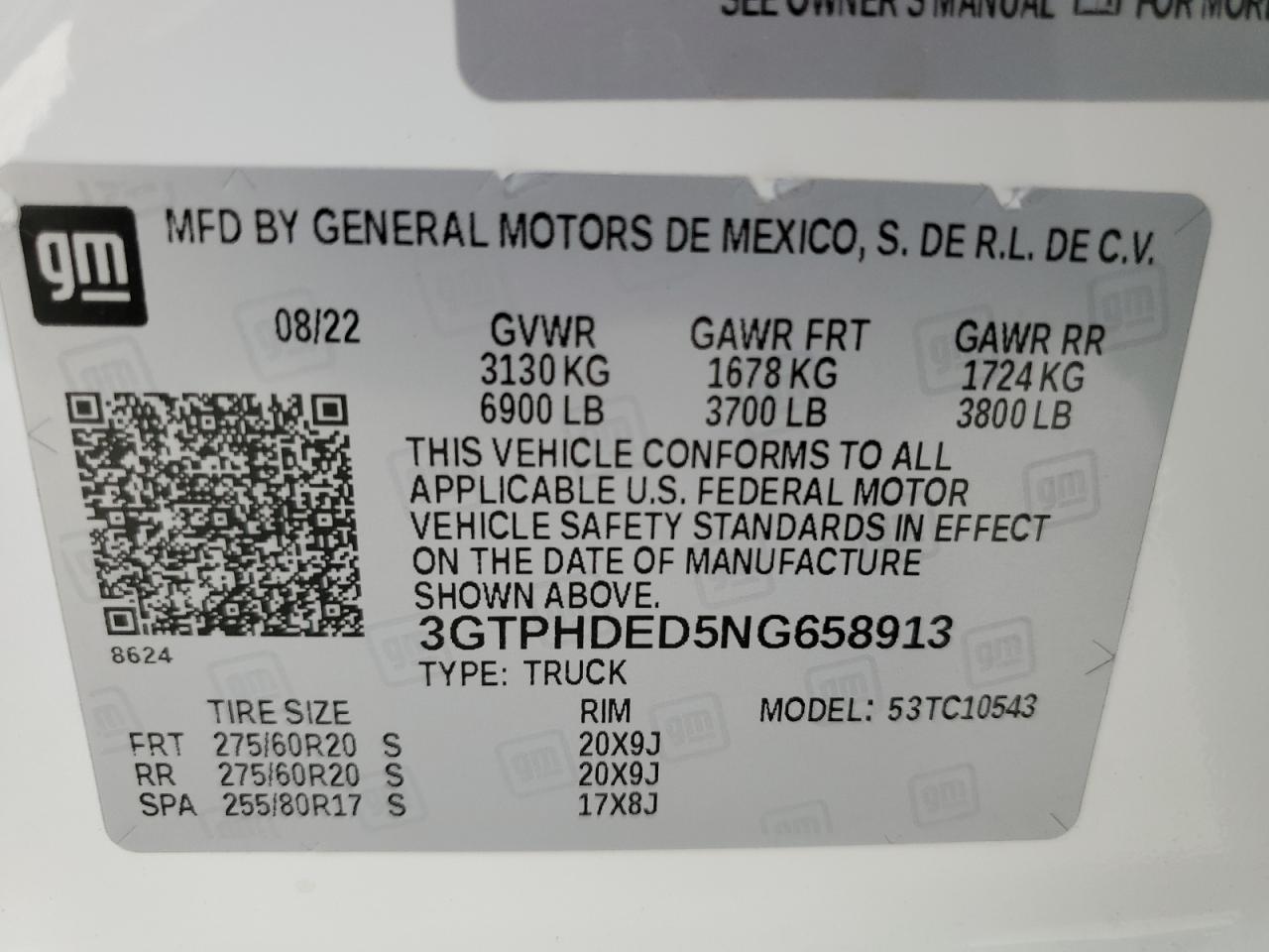 2022 GMC Sierra C1500 Slt VIN: 3GTPHDED5NG658913 Lot: 89893775