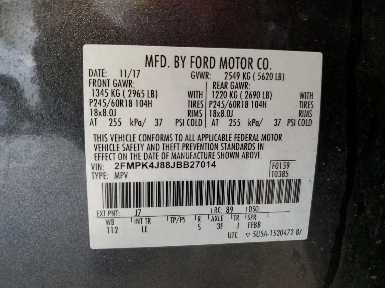 2018 Ford Edge Sel VIN: 2FMPK4J88JBB27014 Lot: 85004035