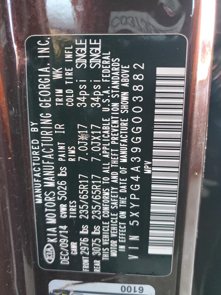 2016 Kia Sorento Lx VIN: 5XYPG4A39GG003882 Lot: 85738815