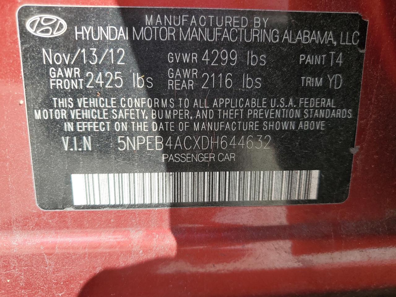 2013 Hyundai Sonata Gls VIN: 5NPEB4ACXDH644632 Lot: 86095015