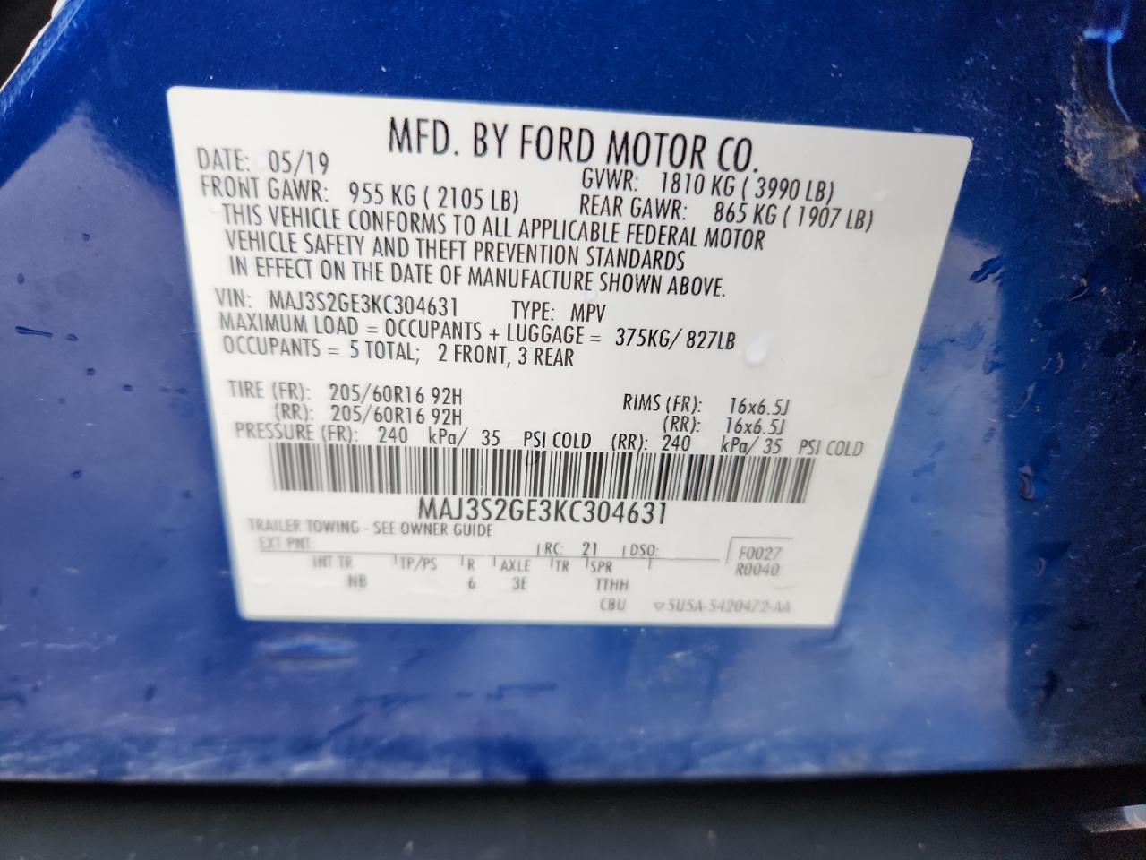 2019 Ford Ecosport Se VIN: MAJ3S2GE3KC304631 Lot: 85953975